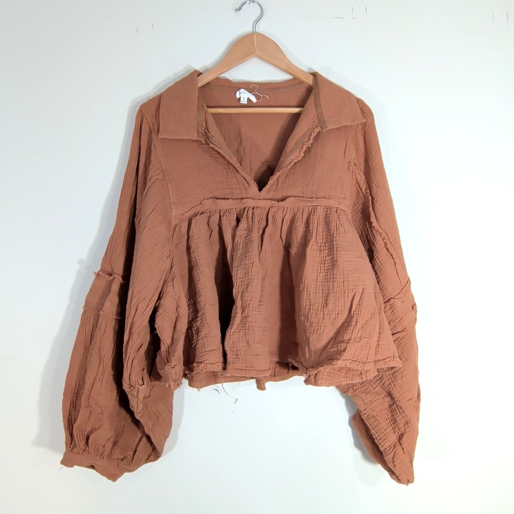 Bucket List Brown Gauze Top; Long Balloon Sleeve Raw Hem Babydoll V-Neck